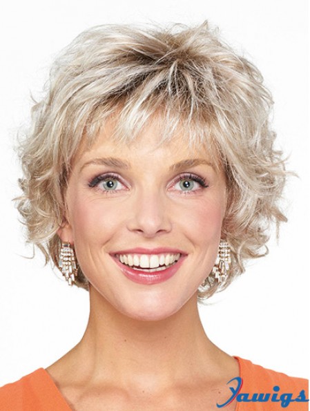 Blonde Curly Chin Length Bobs Monofilament Wigs For Ladies