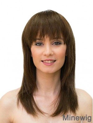 Brown 16inch Straight Long With Bangs Sleek Human Hair Wigs