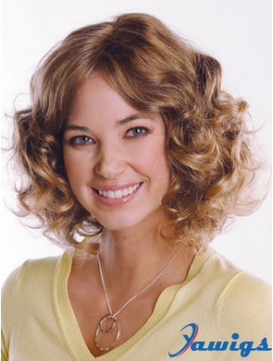 Brown Curly Remy Human Hair Medium Wigs