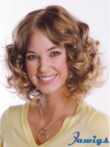 Brown Curly Remy Human Hair Medium Wigs