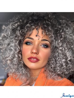 Curly Gray Wigs for Black Women Grey Wig With Bangs Synthetic Heat Resistant Hair for Daily Use