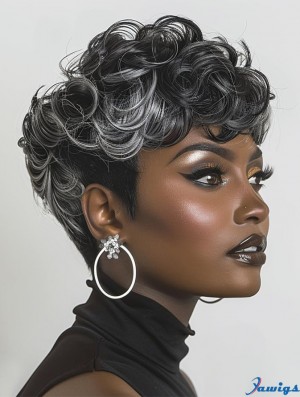 Wig Short Curly Wigs for Black Women Black Mixed Grey Curly Wig with Bangs Short Wigs for Black Women