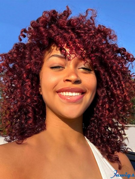 Curly Wigs with Bangs for Black Women Kinky Curly Synthetic Hair Heat Resistant 12 Inch Short Burgundy Wig for Daily Party