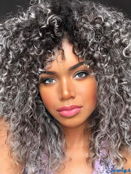 Curly Wigs for White Women Kinky Curly Afro Wig with Bangs Ombre Gray Color Synthetic