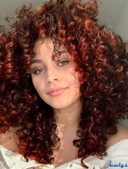 Curly Afro Wig with Bangs Orange Mixed Brown Synthetic Hair