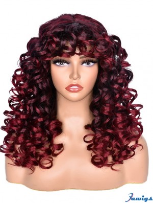 Ombre Red Curly Wigs for Black Women Long Curly Afro Wig with Bangs for Women Big Bouncy Fluffy