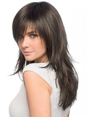 Minewig Best Quality Realistic Brown Straight Remy Human Hair Easy Long Wigs With Bangs