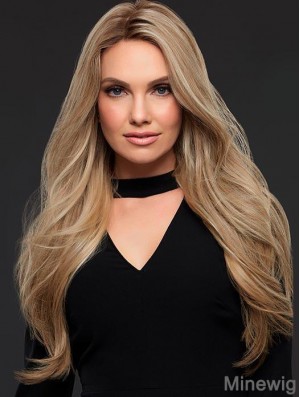 24 Inches Blonde Long Wavy Human Hair Women Lace Mono Wig 