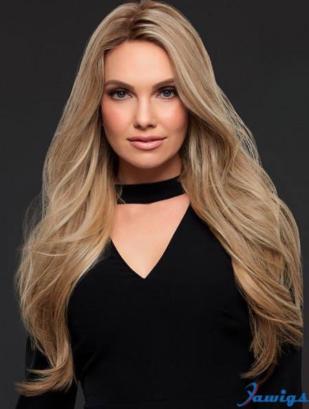 24 Inches Blonde Long Wavy Human Hair Women Lace Mono Wig 