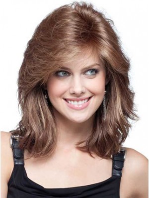 Flexibility Auburn Wavy Shoulder Length Remy Human Lace Front Mono Wigs