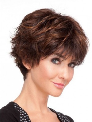 Remy Human Layered Short Wavy Monofilament Human Hair Wigs UK