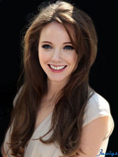 Monofilament Human Hair Angelina Jolie Wigs Long Length Straight Style Brown Color