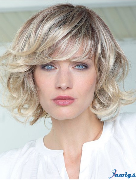 Human Hair Curly Wigs With Bangs Monofilament Shoulder Length Blonde Color