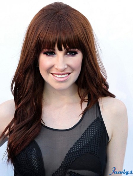 Carly Rae Jepsen Wigs With Bangs Long Length Wavy Style Auburn Color