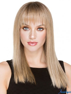 Blonde Long Human Hair Monofilament Wigs With Fringe With Bangs For Women