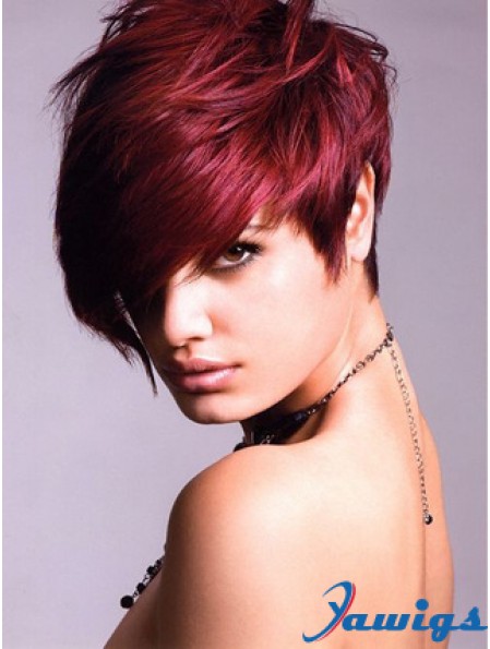 Human Hair Lace Front Wig With Bangs Short Length Red Color