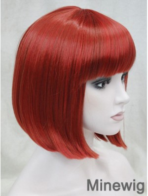 Human Hair Lace Front Wig Chin Length With Bangs Red Color