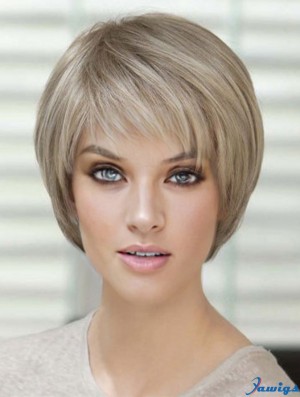 Blonde Short Straight With Bangs Monofilament Wigs