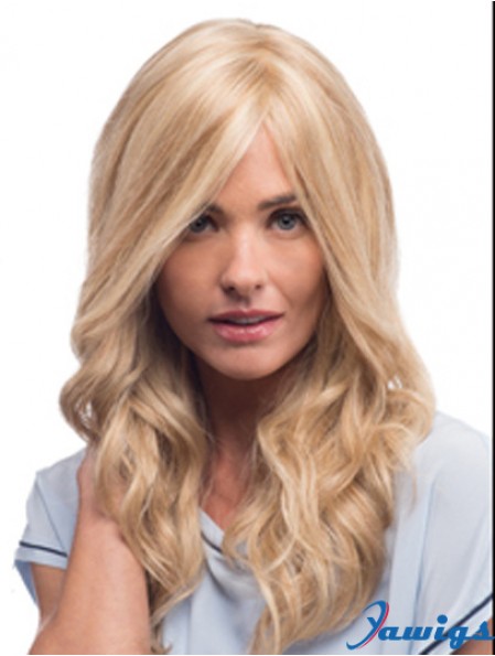 Human Hair Mono Wigs With Remy Blonde Color Wavy Style With Bangs