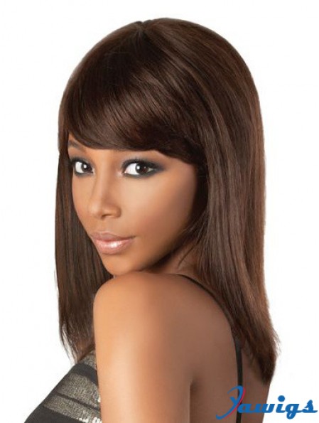 Perfect 18 inch Brown Shoulder Length With Bangs Straight Lace Wigs