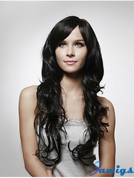 Long Curly Human Hair Wigs Layered Cut Black Color