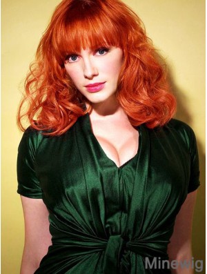 Capless Wavy With Bangs Shoulder Length 16 inch Sleek Human Hair Christina Hendricks Wigs