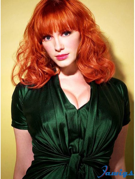 Capless Wavy With Bangs Shoulder Length 16 inch Sleek Human Hair Christina Hendricks Wigs