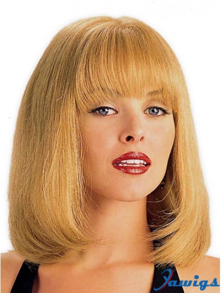 Human Hair Wig Blonde With Bangs Straight Style Shoulder Length