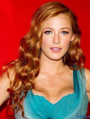 Without Bangs Durable Wavy Auburn Long Human Hair Lace Front Blake Lively Wigs