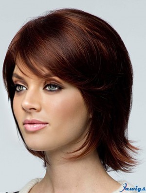 Human Hair Chin Length Brown Wavy With Bangs Hand Knotted Wigs