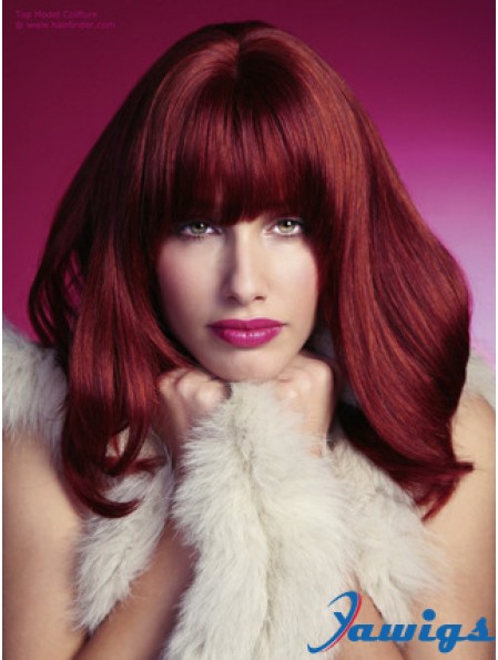 Straight With Bangs Shoulder Length Red Perfect Lace Front Wigs