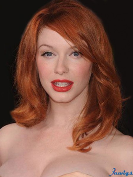 Lace Front Wavy With Bangs Shoulder Length 16 inch Designed Human Hair Christina Hendricks Wigs