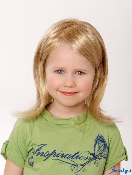 100% Hand-tied 12 inch Straight Shoulder Length Without Bangs Blonde Remy Human Hair Wigs For Kids