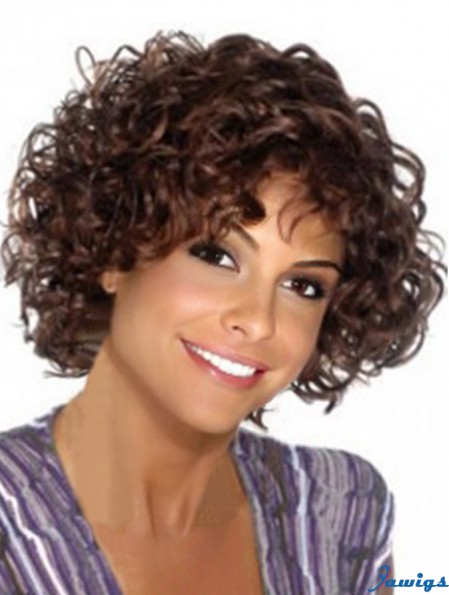 Comfortable Brown Synthetic Capless Chin Length With Bangs Kinky Wigs