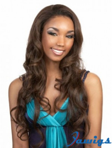 Long Brown Wavy Without Bangs Flexibility African American Wigs