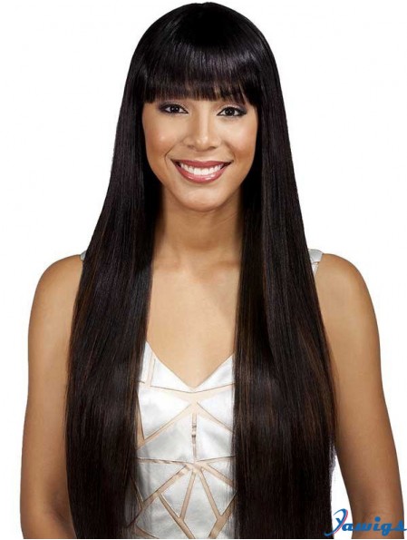 Long Black With Bangs Yaki Fashionable Full Lace Wigs