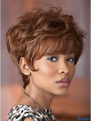 Durable Short Brown Wavy With Bangs Suitable African American Wigs