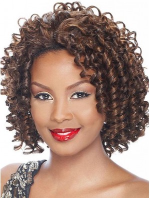 Kinky Indian Remy Hair Brown Chin Length Affordable 3/4 Wigs