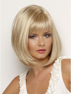 Affordable Synthetic Wig Chin Length Blonde Color Straight Style With Bangs