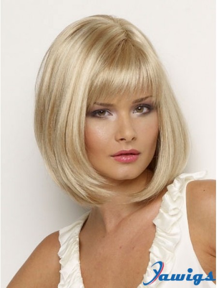 Affordable Synthetic Wig Chin Length Blonde Color Straight Style With Bangs