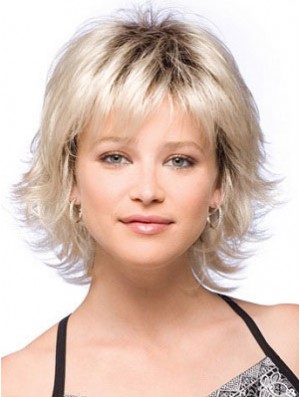 Synthetic Hair Wigs Chin Length With Bangs Blonde Color With Capless