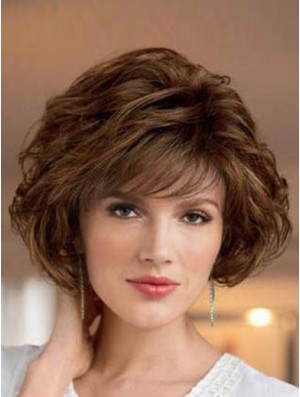 Durable Synthetic Wigs Bobs Cut Short Length Brown Color Wavy Style