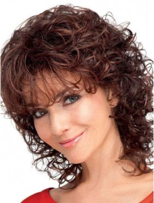 Durable Curly Synthetic Hair With Bangs Auburn Color Shoulder Length Wig