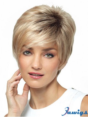 Synthetic Short Ladies Wig With Bangs Short Length Blonde Color