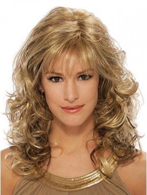 Wavy Synthetic Wigs Blonde Color Capless With Bangs