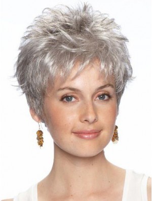 Short Grey Wig With Synthetic Lace Front Wavy Style Grey Cut