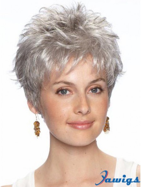 Short Grey Wig With Synthetic Lace Front Wavy Style Grey Cut