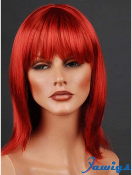 Synthetic Lacefront Wig Monofilament Straight Style Red Color With Bangs