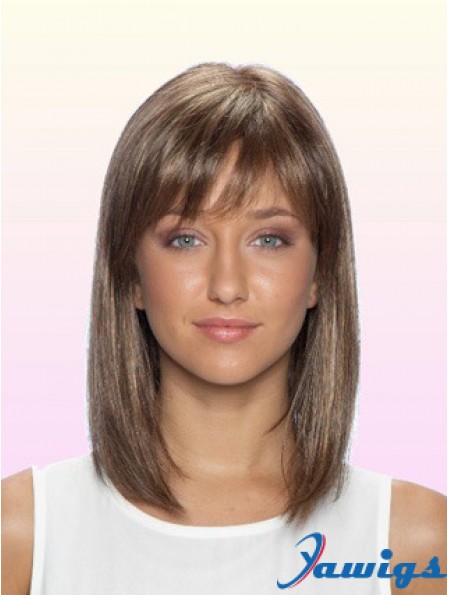 Straight With Bangs Shoulder Length Brown No-Fuss Lace Front Wigs