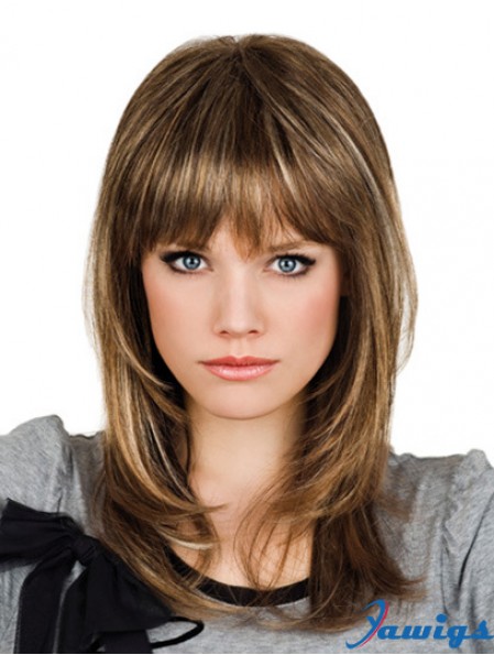 Brown Shoulder Length Wavy With Bangs 14 inch Suitable Medium Wigs